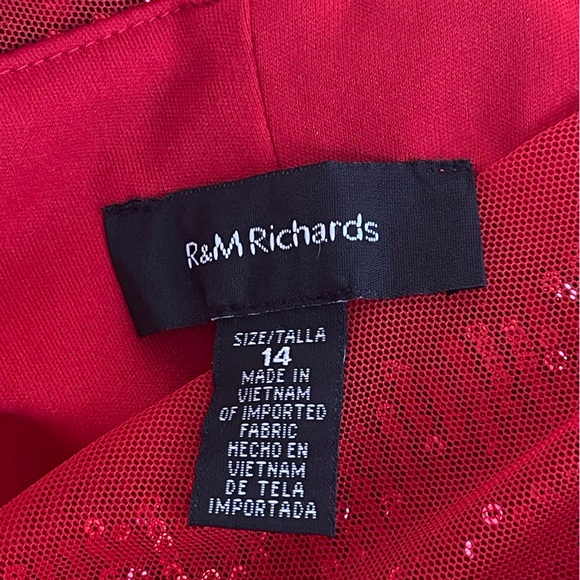 R&M Richards Elegant Red Sequin Evening Sheath Dress Sz 14 Illusion Neck - Picture 13 of 16